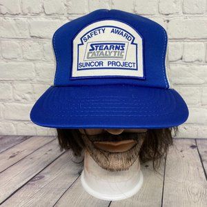 Vintage Trucker Hat Mesh Cap Snapback Blue White Stearns Catalytic Safety Award
